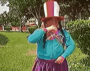 a woman wearing a top hat and a purple skirt is dancing in a park .