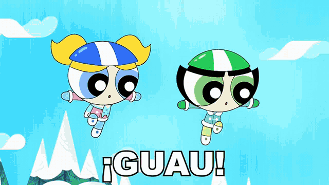 bubbles and buttercup from the powerpuff girls are flying in the air with the words en serio below them