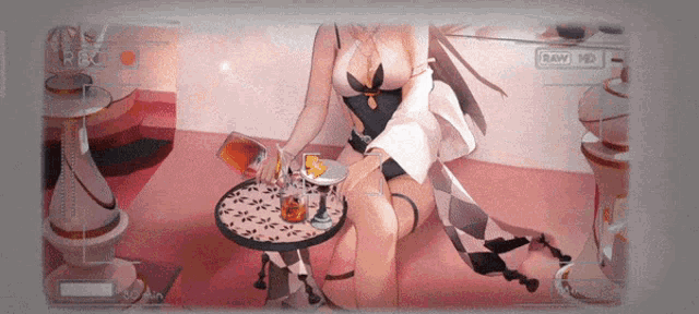 a woman is sitting at a table with a tray of drinks and raw hd written on the bottom left