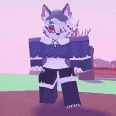 a furry character is standing in a field wearing a purple shirt and black pants .