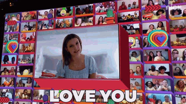 a screen with a woman on it and the words love you on it
