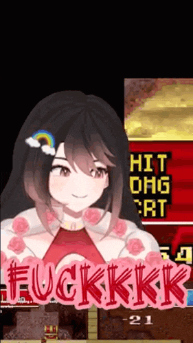 a girl with a rainbow in her hair is playing a video game and says " fuckkkk " at the bottom