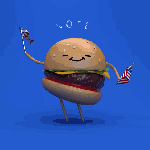 a cartoon illustration of a hamburger holding two american flags and the word vote behind it