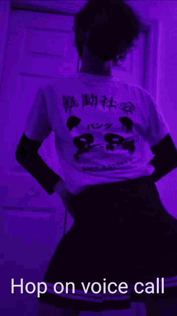 a person standing in front of a door with the words hop on voice call below them