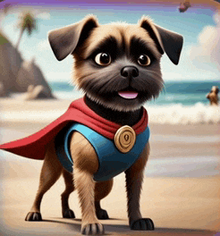 a cartoon dog wearing a cape and a medallion is standing on a beach