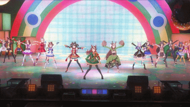 a group of anime girls are dancing on a stage