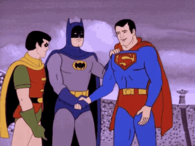 batman and superman are shaking hands in a cartoon