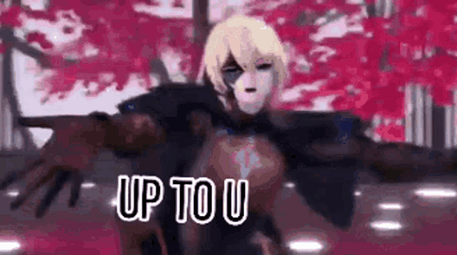 a cartoon character is dancing with the words `` up to u '' written on it .
