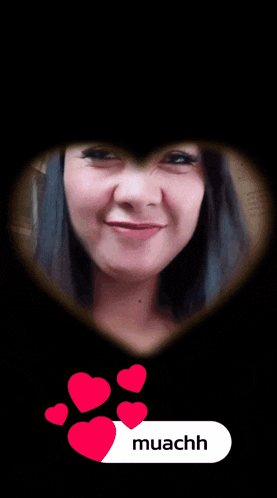 a woman is smiling in a heart shaped frame and the word muachh is below her