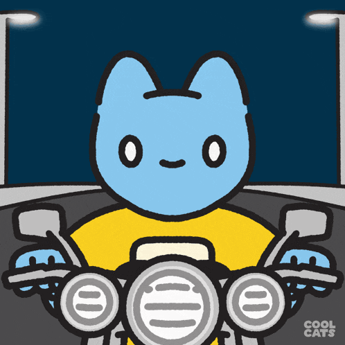 a cartoon of a cat riding a motorcycle with the words cool cats on the bottom right