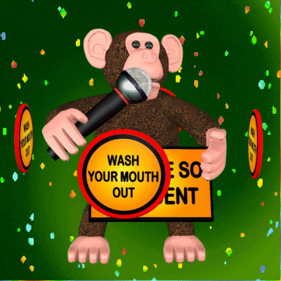 a cartoon monkey holding a microphone and a sign that says wash your mouth out