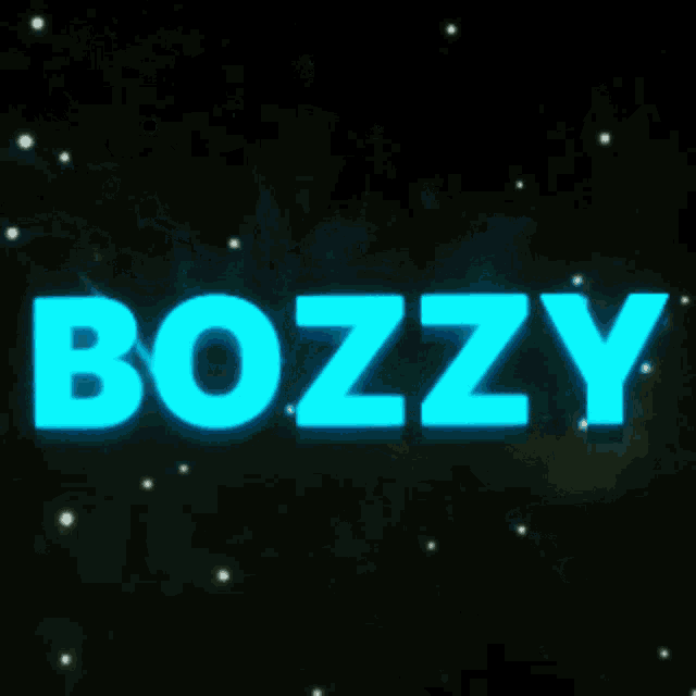 the word bozzy is glowing in blue on a black background