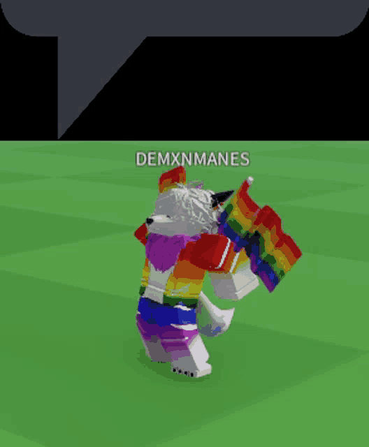 a video game character holding a rainbow flag with the name demxnmanes on the bottom right