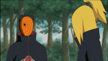 a cartoon character with a mask on his face is standing next to another character