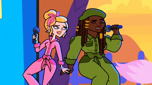 two cartoon characters singing into microphones one is blonde and the other is black