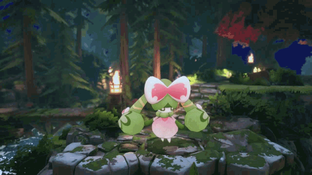 a cartoon character is standing on a mossy rock in the middle of a forest
