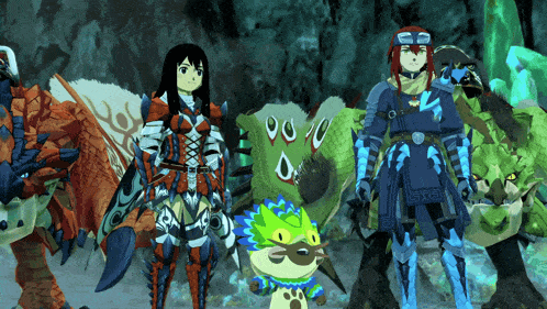 a group of cartoon characters standing next to each other including a cat