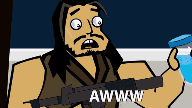 a cartoon of a man with a gun and the words awww on the bottom