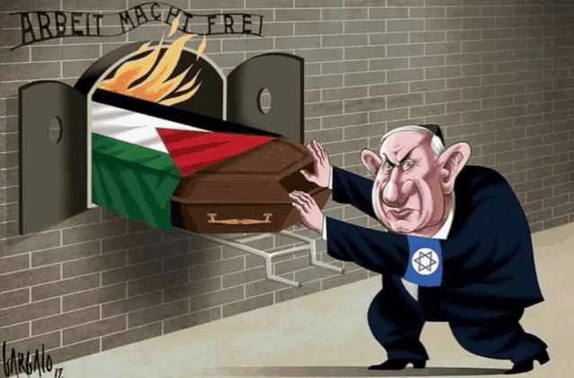 a cartoon of a man pushing a coffin with the words arbeit macht frei written above it