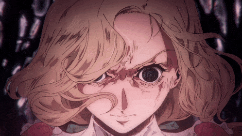 a close up of a girl 's face with a big eye