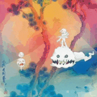 a painting of a skeleton riding a cloud with chinese writing on the bottom