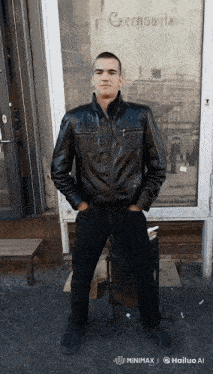 a man in a black leather jacket stands in front of a window that says czernowitz on it