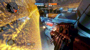 a person is holding a gun in a video game while standing in front of a building .