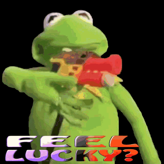 a kermit the frog is holding a stuffed animal and the words feel lucky are above him
