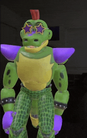 a green crocodile wearing sunglasses and purple armor