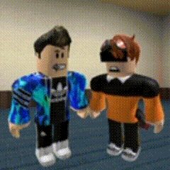 two roblox characters are standing next to each other holding hands in a room .