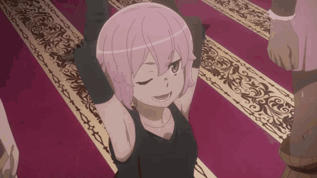 a girl with pink hair is smiling with her arms up