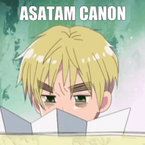 a cartoon of a man reading a book with the caption " asatama canon " above him