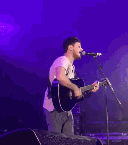 a man is singing into a microphone while playing a guitar on stage .