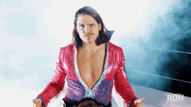 a wrestler in a pink and blue sequined outfit is standing in a ring with his hands outstretched .
