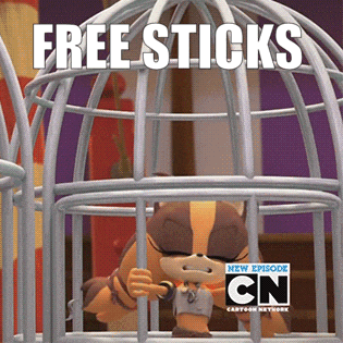 a picture of a cartoon character in a cage that says free sticks on it