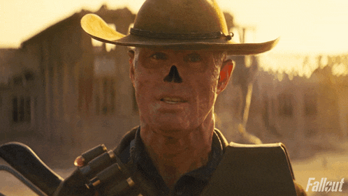 a man in a cowboy hat is holding a gun with fallout written on the bottom right