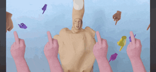 a man in a finger costume is surrounded by pink hands pointing