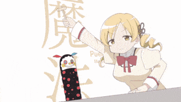 a cartoon drawing of a girl standing next to a monster with big eyes
