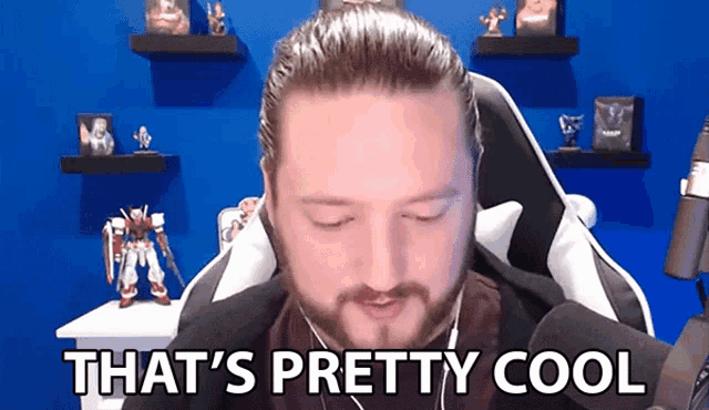 a man with a beard is sitting in front of a microphone saying that 's pretty cool