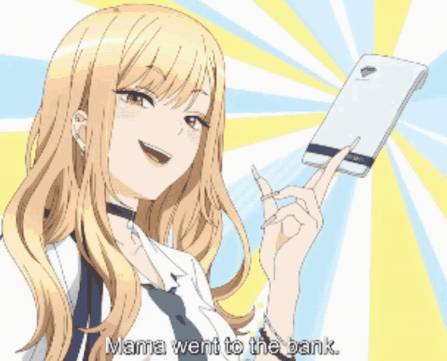 a cartoon of a girl holding a phone with the words mama went to the bank below her