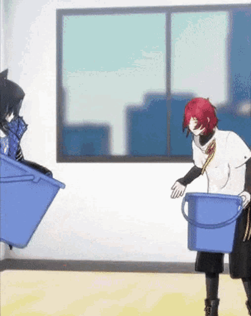 a woman with red hair holds a blue bucket