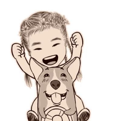 a black and white drawing of a girl riding on the back of a dog .