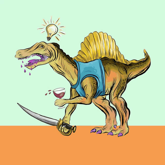 a cartoon of a dinosaur wearing a tuxedo and holding a can of beer
