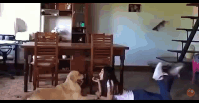 a woman is laying on the floor playing with her dog .