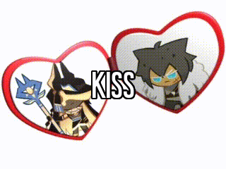 a couple of hearts with cartoon characters in them and the word kiss on top .