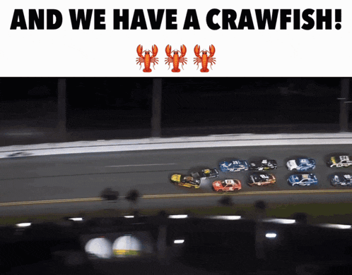 a picture of a race car with the words and we have a crawfish above it