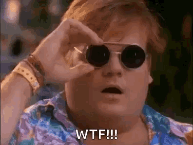 a man wearing sunglasses is making a surprised face and saying wtf .