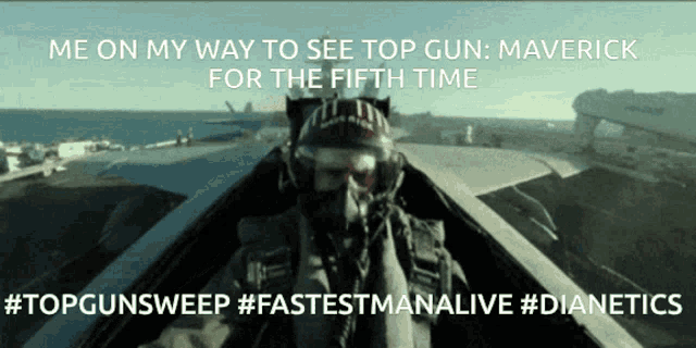 a picture of a fighter jet with the caption me on my way to see top gun maverick for the fifth time