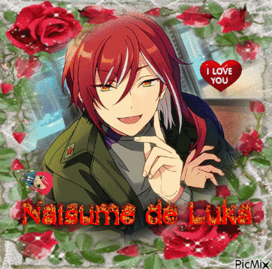 a picture of a red haired anime character with roses and a heart that says i love you