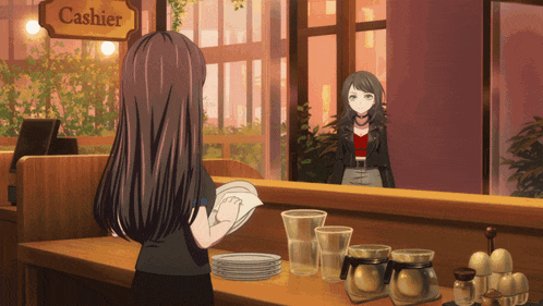 a girl is standing in front of a cashier sign